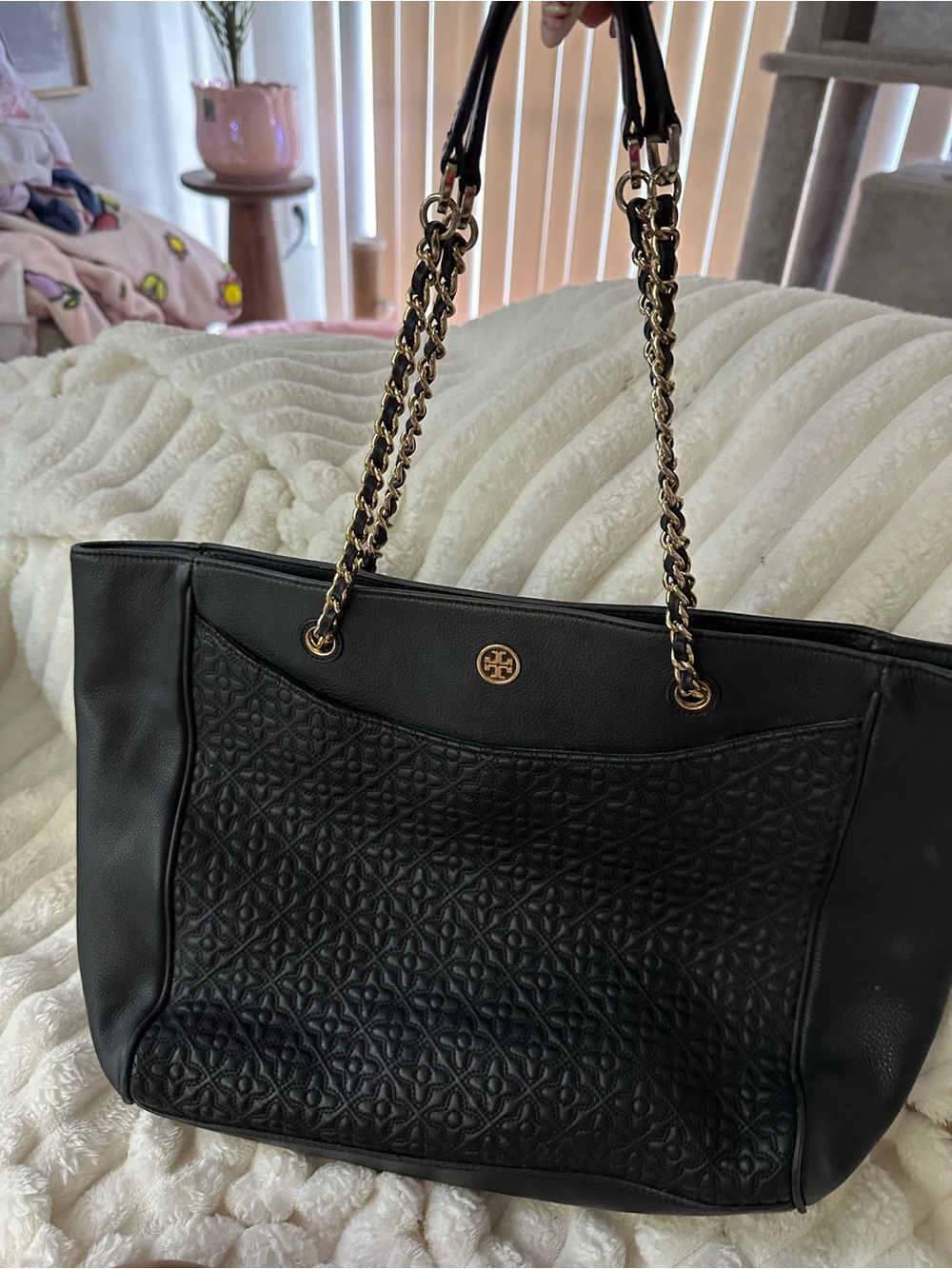 Tory Burch Black Quilted Leather Chain-Handle Tote with Gold Hardware